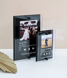 two black and clear square frames with an image of a bride and groom on them