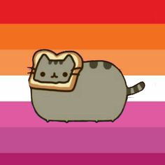 a cat with bread in its mouth sitting on a rainbow striped background that looks like it has been toasted