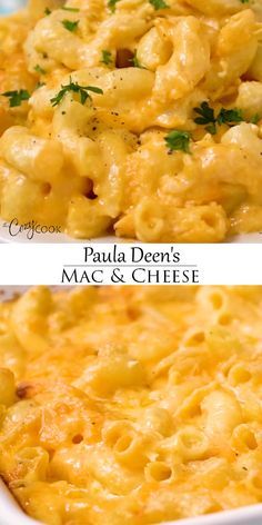 two pictures of macaroni and cheese with parsley on the top, and in the bottom