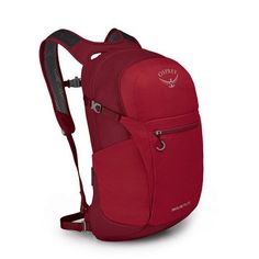 the ospree backpack is red and has two zippers on the front pocket