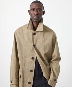 Italian Bonded Linen Military Trench in Brown Linen Tweed Jacket With Concealed Placket For Work, Linen Outerwear With Flap Pockets For Work, Linen Outerwear With Spread Collar And Buttons, Tweed Outerwear With Flap Pockets For Work, Khaki Pea Coat With Lapel Collar For Work, Linen Outerwear With Concealed Placket For Work, Olive Outerwear With Welt Pockets For Work, Double-breasted Linen Outerwear With Welt Pockets, Tailored Single Breasted Khaki Outerwear