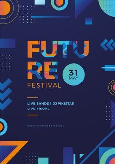 an event poster for the fufu re festival with geometric shapes and colors on it