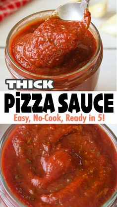 this is an image of thick pizza sauce in a glass jar with a spoon inside