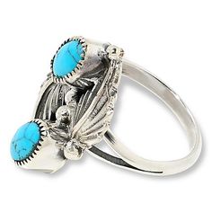 Chaco Canyon Sterling Silver Sleeping Beauty Turquoise 2-Stone Ring Beautiful, clear-blue Sleeping Beauty turquoise is the star of this intricate, multi-dimensional sterling silver ring. Handcrafted by Native American artisans, this unique piece is sure to lend a touch of chic, Southwestern style to any ensemble.       Approx.15/16"L x 9/16"W x 1/4"H; shank 1/8"W     Stamped .925; oxidized, polished finish     Sterling silver ring has two oval, blue turquoise cabochons embellished with two-dimen Turquoise Fine Jewelry Ring, Turquoise Multi-stone Promise Ring Jewelry, Turquoise Sterling Silver Jewelry With Accent Stones, Silver Turquoise Ring With Accent Stones, Turquoise Rings With Accent Stones In Sterling Silver, Turquoise Three Stone Ring For Gift, Turquoise Three Stone Ring As A Gift, Fine Jewelry Turquoise Ring With Accent Stones In Silver, Fine Jewelry Silver Turquoise Ring With Accent Stones