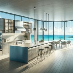 an artist's rendering of a modern kitchen and dining area with ocean view from the living room