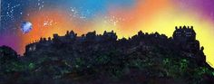 a painting of a castle on top of a hill under a colorful sky filled with stars