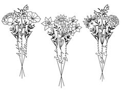 three different types of flowers are shown in black and white, with the same type of flowers