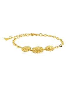 Introducing the Solaris Bracelet, a stunning piece that captures the beauty of a sunflower in a delicate chain bracelet. Adorn your wrist with this luxurious and exclusive piece, and bask in the radiance of the sunflower's warm and captivating energy. Material: 14K gold or rhodium plated brass Features: Measures 7.75" with 1.5" extender, 0.65" & 0.8" pendants, 3.5mm chain, Lead & Nickel free, lobster clasp Elegant Adjustable Sunflower Design Jewelry, Elegant Adjustable Sunflower Jewelry, Sunflower Design Floral Jewelry, Adjustable Gold Sunflower Jewelry, Adjustable Gold Jewelry With Sunflower Design, Elegant Round Jewelry With Sunflower Design, Gold Plated Sun Design Jewelry, Elegant Round Sunflower Jewelry, Elegant Round Sunflower Design Jewelry