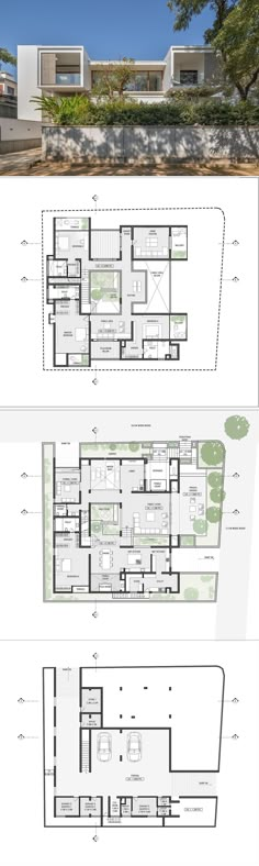 the floor plan for this modern house is shown in three different sections, with two levels and