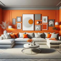 an orange and white living room with pictures on the wall, couches and coffee table