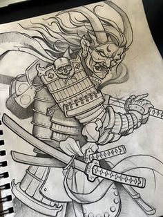 a pencil drawing of a samurai with two swords in his hand and an evil demon on the other side