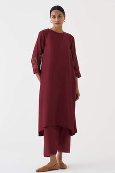 Maroon cotton silk kurta with floral embroidered sleeves. Comes with pant. - Aza Fashions Elegant Cotton Silk Salwar Kameez With Embroidered Sleeves, Eid Cotton Silk Set With Embroidered Sleeves, Elegant Designer Cotton Pant Set, Elegant Palazzo Set With Embroidered Sleeves And Straight Kurta, Cotton Silk Straight Kurta With Set-in Sleeves, Cotton Silk Kurta With Set-in Sleeves, Festive Cotton Silk Sets With Embroidered Sleeves, Unstitched Cotton Silk Kurta With Embroidered Sleeves, Cotton Set With Embroidered Sleeves For Eid