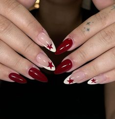 Star Red Nails, Almond Nails Red And Black, Dark Red Nail Inspo Design, Billie Eilish Themed Nails, Cute Nails For Winter Simple, Sparkly Red Nails Acrylic, Alternative Nails Designs, Simple Red Nail Designs, Red White And Black Nails