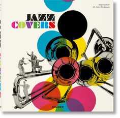 an album cover with colorful circles and musical instruments in the foreground, two men standing on top of each other