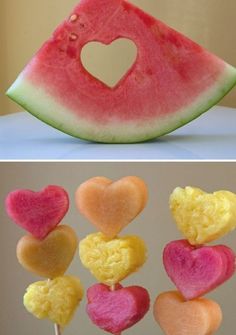 watermelon lollipops with hearts on them and the top one is shaped like a slice of watermelon