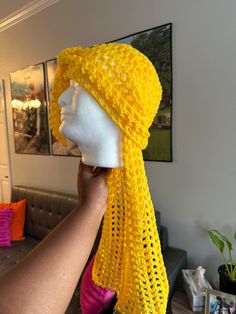 Handmade Crochet Ruffle Hat The average head circumference for this hat is 21-24 inches.  Made with 100% Acrylic Yarn.  Recommended for hand wash and air dry ONLY. Fitted Crochet Beanie For Beach, Yellow Yarn Hat One Size, Fitted Yarn Beach Hat, Spring Yellow Crochet Hat One Size, Yellow One-size Crochet Cap, One Size Summer Headwrap Hat, Hand Knitted Yellow Crochet Hat One Size, Yellow Hand Knitted Crochet Hat One Size, Yellow Hand-knitted Crochet Hat One Size