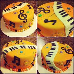 this cake is decorated with music notes and piano keys on the top, along with beads around the edges