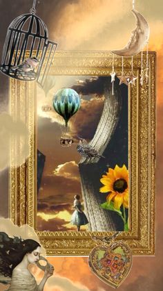 an artistic painting with a woman and sunflower in the sky next to a birdcage