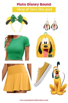 a woman in green shirt and yellow skirt with mickey mouse ears on her head, shoes and