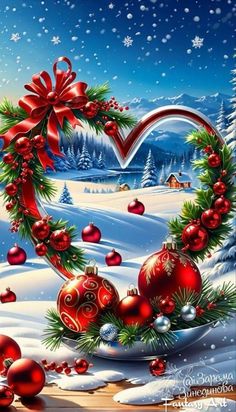 a heart shaped frame with christmas decorations on the snow covered ground and trees in the background