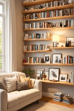 a white couch sitting in front of a window filled with lots of books and pictures