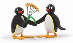 two black and white penguins holding hands with orange flowers in their beaks, one is holding the other's hand