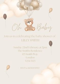 a baby shower is shown with balloons and a teddy bear in the sky on it