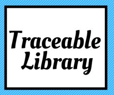 the words traceable library in black and white on a blue background with a square frame