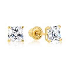 PRICES MAY VARY. Crafted from 14K SOLID YELLOW GOLD and stamped "14K" Earrings Size: 4mm with 14k gold Screw- Back; Secure, Easy to put on and Comfortable to wear A must have jewelry; Add a classy touch to your casual and everyday outfits these Solitaire Dazzling Princess-Cut Cubic Zirconia Earrings. These stunning stud earrings feature a high quality Square CZ in which securely set in 14k Yellow Gold 4-Prong setting basket. These earrings are great addition to your on-the-go and special occasio Princess Cut Earrings, Multiple Earrings, Square Stud Earrings, Princess Cut Gold, Special Occasion Jewelry, Yellow Gold Solitaire, Cheap Earrings, Turquoise Earrings Dangle, Gold Jewelry Earrings