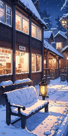 a snow covered bench sitting in front of a building