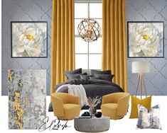 a bedroom with yellow and gray decor in the room, including a bed, two chairs,