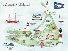 an illustrated map of nantouet island with boats, lighthouses and other things