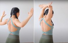 two pictures of a woman doing yoga with her hands in the air