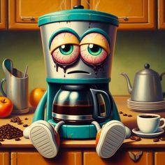 a painting of a coffee maker with eyes on it