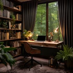 a desk with a laptop on it in front of a large window filled with books and plants