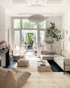 a living room filled with lots of furniture and a plant in the middle of it