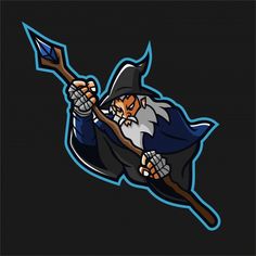 an old wizard flying with a broom and holding a staff in his hand on a black background