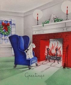 a drawing of a blue chair in front of a fire place with a wreath on it