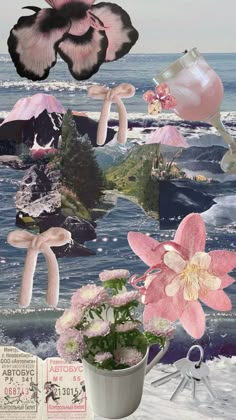 an artistic collage with pink flowers and mushrooms