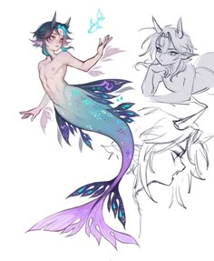 two mermaids with different colored hair and tails, one in the shape of a fish