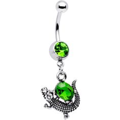 14 Gauge (1.6mm), 7/16" (11mm), 316L Surgical Grade Stainless Steel Curved Barbell Green Gem Glitzy Gator Dangle Belly Ring This gator looks fierce but he won't bite. Take your favorite reptile with you wherever you go with this fun alligator belly button piercing. This 14 gauge piercing features a scaly metalwork alligator protecting a brilliant green gem. The gator charm is mounted on a 7/16" curved barbell made with durable 316L surgical grade stainless steel and complete with a bottom ball g Gauge Piercing, Future Jewelry, Jewelry Promotion, Country Rings, Navel Jewelry, Dangle Belly Rings, Green Gem, Body Jewelry Piercing, Green Bottom