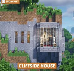 a screenshot of a house in the game cliffside house, with trees and bushes surrounding it