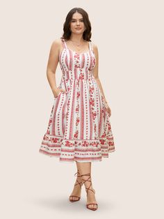 Heart Neckline Boho Print Shirred Cami Midi Dress Red Midi Sundress For Garden Party, Casual Red Sundress For Garden Party, Casual Red Midi Dress For Dress Down Occasion, Casual Red Midi Dress For Dress Down Days, Casual Red Knee-length Sundress, Red Casual Midi Dress, Cami Midi Dress, Trendy Dress, Boho Print