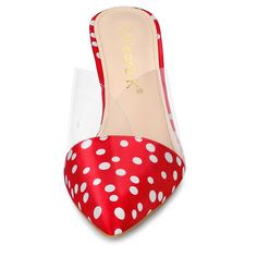 With a quirky take on the timeless polka dots style, these sandals feature an adjustable strap and stable block heels that ensure a comfortable fit and instantly accentuate your charm. A backless style creates the slip-on design and chunky block heels finish the look. Modern and minimalist, these mules set on a chunky heel serve as a versatile go-to style. You can wear them with many outfits your jeans, pants or a skirt. Polka Dot Round Toe Sandals For Party, Polka Dot High Heel Sandals For Spring, Spring High Heel Sandals With Polka Dot Pattern, Polka Dot Heels For Summer Party, Polka Dot Pointed Toe Summer Heels, Summer Polka Dot Pattern Pointed Toe Heels, Clear Chunky Heels, Stable Block, Jeans Pant