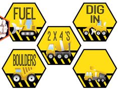 four construction vehicles are shown in the shape of hexagons