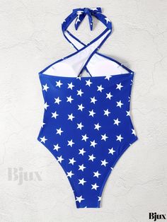 Bjux - Womens Halter Neck One Piece Swimsuit with American Flag Print, Strappy Cut Out Design and High Cut Bottoms - Ideal Swimwear for Fashionable Beachgoers Star Print Swimwear For Poolside Summer, Star Print Swimwear For Beach Season Vacation, Star Print Swimwear For Pool In Summer, Fitted Star Print Swimwear For Beach Season, Fitted Star Print Swimwear For Vacation, Casual Printed Swimwear For Holiday, Blue Flag Print Swimwear For Beach, American Flag Print, Cross Patterns