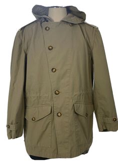 Orvis Trench Coat Jacket Hood Mens Size L Khaki Button Drawstring 350214. This is a nice looking jacket! Has a very faint pen mark on front (pointed out in pics) 2 large front pockets Good Drawstring waist Beautiful buttons Pit to pit 26” Length from hood 32” Sleeve from collar 31” Thank you for shopping our store. Please visit our store for more great merchandise. Vintage Khaki Sport Coat With Buttons, Military Style Khaki Sport Coat With Button Closure, Vintage Hooded Outerwear With Button Closure, Khaki Military Sport Coat With Button Closure, Vintage Sport Coat With Button Closure For Outdoor, Vintage Outdoor Sport Coat With Buttons, Vintage Sport Coat With Buttons For Outdoor, Vintage Khaki Utility Jacket With Snap Buttons, Vintage Khaki Parka With Flap Pockets