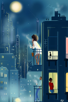 two people standing on the balcony of a tall building looking out at the night sky