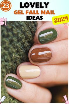 Earthy green and brown gel fall nails on oval-shaped nails. Subtle, natural colors with a glossy finish. Ideal for blending with fall foliage. Medium length. Fall Nails Ideas Autumn Green, Gel Fall Nails, Nails Subtle, Daisy Acrylic Nails, Oval Shaped Nails, Fall Nail Ideas, Fall Gel Nails, Earthy Green, Fall Nail Colors