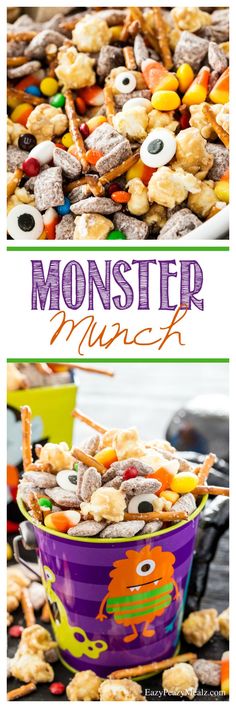 a purple bucket filled with monster munchs on top of a table